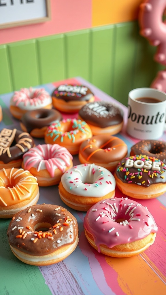 An assortment of colorful donuts with sprinkles and icing on a table, accompanied by a coffee cup.